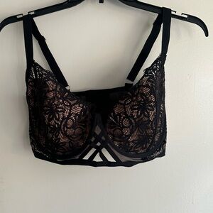 Adore Me Black Floral Lace Balconette Bra with Strappy Underband